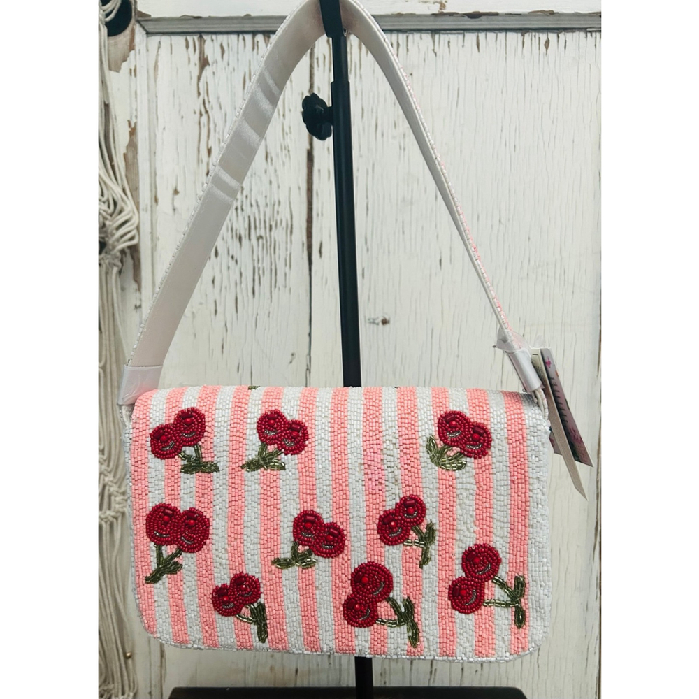 Handcrafted in India Viral Beaded Cherries Cherry Pink Striped Shoulder Bag - Picture 7 of 11